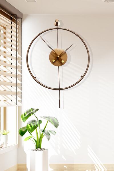 DEKORANLA Modern bakır renkli sarkaçlı metal duvar saati, 50x75 cm, şık dekor...