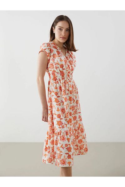 LC Waikiki Γυναικείο φλοράλ φόρεμα LCW Comfort Πορτοκαλί Διπλό Γιακά