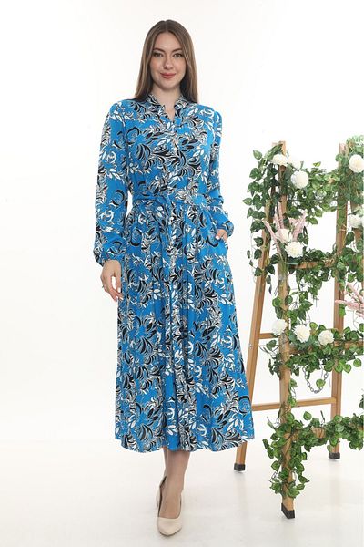 etselements Rochie cu decolteu în V, cu curea, cu buzunare cu nasturi, cu model 409 Albastru