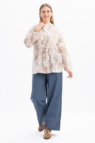 ALLDAY Mink-White-Patterned Belted Kimono