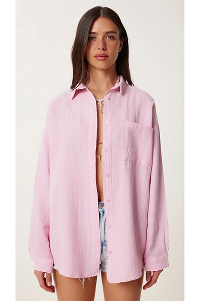 THIFF GYMWEAR Cămașă de muselină de bază oversize pentru femei, cu buzunare