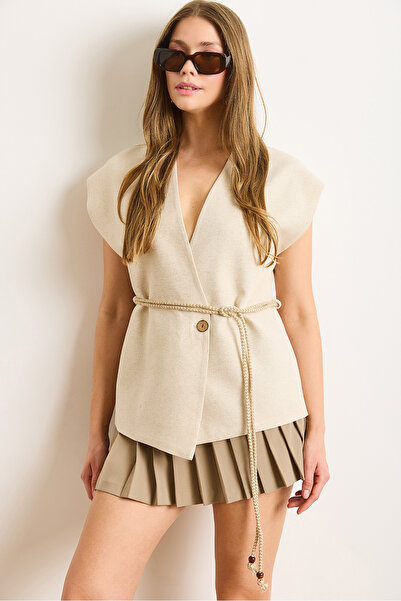 Olalook Жіночий жилет з підкладкою з каменю та шнурками, що імітують льон YLK-19000072