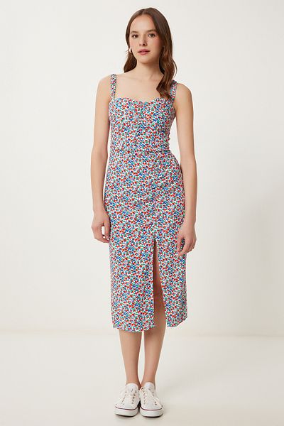 Lovelyİstanbul Patterned Strap Midi Viscose Dress Green Red Lfg0015