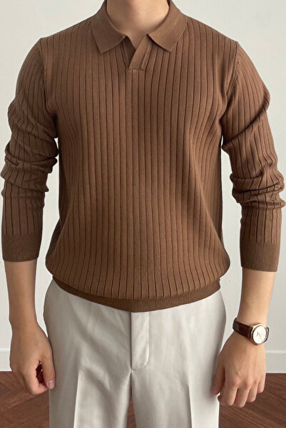 Tarz Cool Мъжки кафяв пуловер с дълъг ръкав и поло яка, с прилепнала кройка