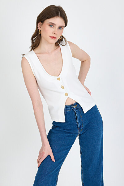 Rays Λευκή αμάνικη μπλούζα με λαιμόκοψη V με λεπτομέρεια 018