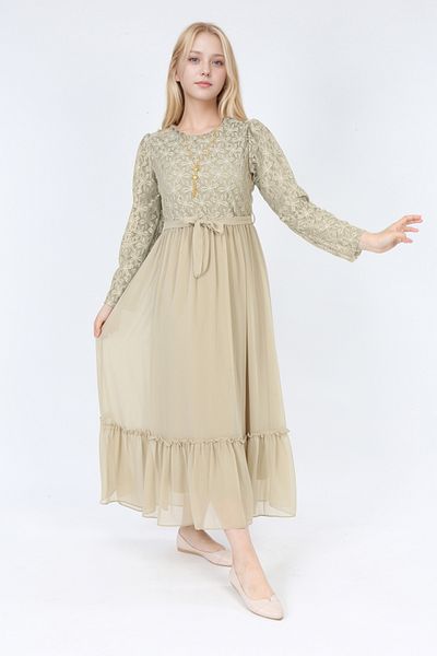 Joui Co Girls' Hijab Dress-Lace Pattern-Lined-Chiffon Fabric- Long Dress with Necklace Detail