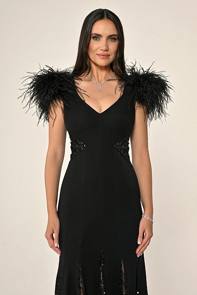 ALFABETA Long Evening Dress with Sequined Knitted Fabric on the Waist Back and Skirt with Otriş on the Shoulders