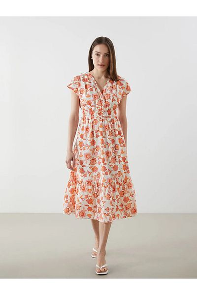 LC Waikiki Γυναικείο φλοράλ φόρεμα LCW Comfort Πορτοκαλί Διπλό Γιακά