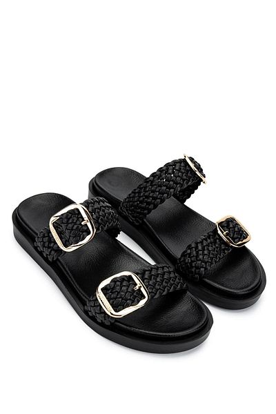 Tamer Tanca Women's Vegan Black Flat Slippers