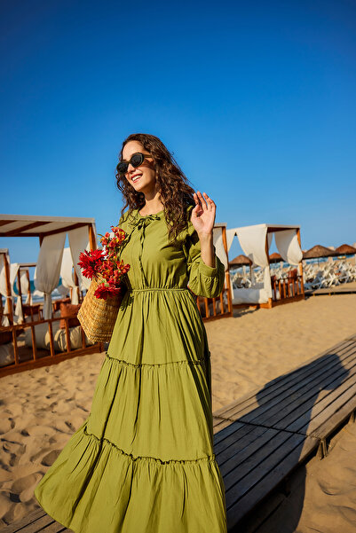 LOCCO Women's Collar Tie Vienna Dress Khaki Green