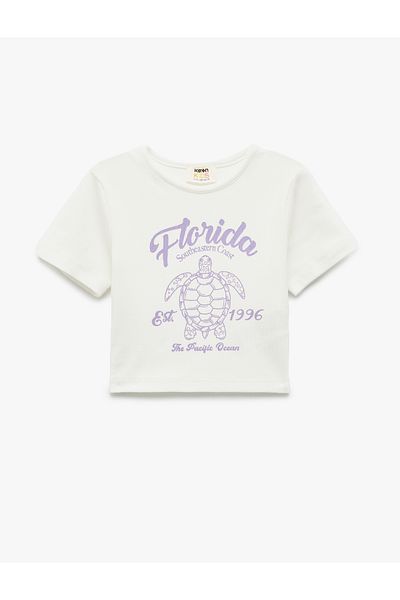 Koton Printed Short Sleeve Crew Neck Cotton Crop T-Shirt