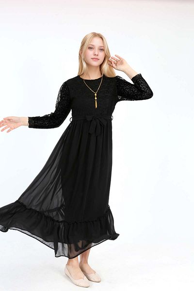Joui Co Girl's Hijab Dress-Lace Pattern-Lined-Chiffon Fabric- Long Dress with Necklace Detail 14/15Years