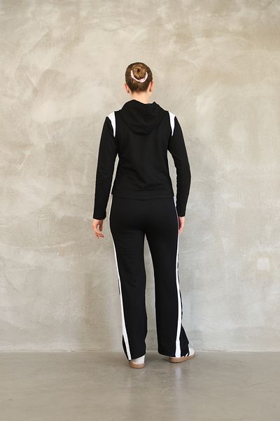 vesantia Women's Black Hooded Stripe Detailed Tracksuit Set – Zippered, Straight Leg, Comfortable Fit