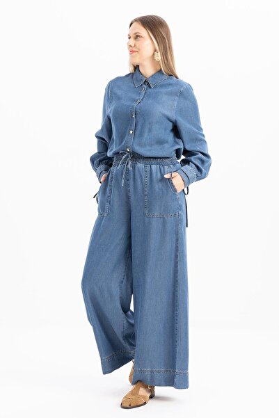 ALLDAY Light Blue-Elastic Waist Wide Leg Denim Trousers