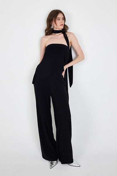 Rays Black Scarf Pants Blouse Double Set 5224