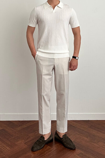 Tarz Cool Ανδρικό μπλουζάκι με λευκό λεπτή εφαρμογή με γιακά πόλο πλεκτό