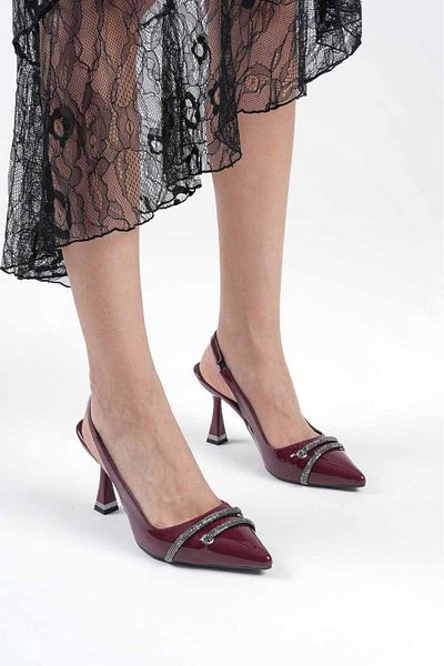 Griffa Women's Burgundy Patent Leather Stone Open Back Daily Casual Evening Dress Stiletto Heeled Shoes