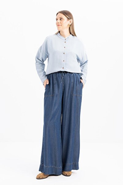 ALLDAY Dark Blue-Elastic Waist Wide Leg Denim Pants