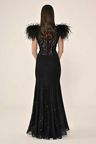 ALFABETA Long Evening Dress with Sequined Knitted Fabric on the Waist Back and Skirt with Otriş on the Shoulders