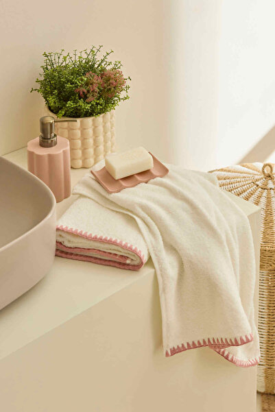 Kaşmir Home Pure 2-Piece Mussel Stitched Face Towel Rose