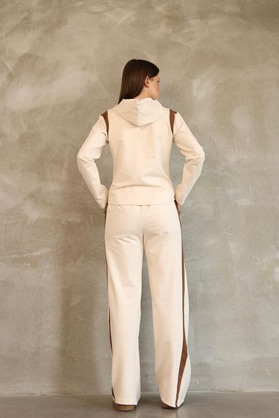 vesantia Women's Beige Hooded Stripe Detailed Tracksuit Set – Zippered, Straight Leg, Comfortable Fit