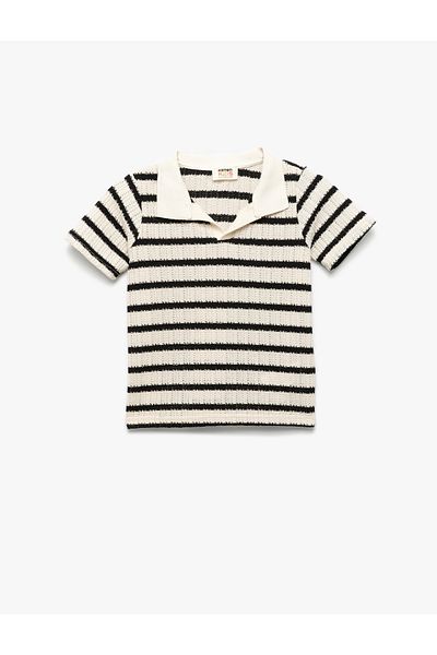 Koton Short Sleeve Striped Polo Neck Openwork Crochet T-Shirt