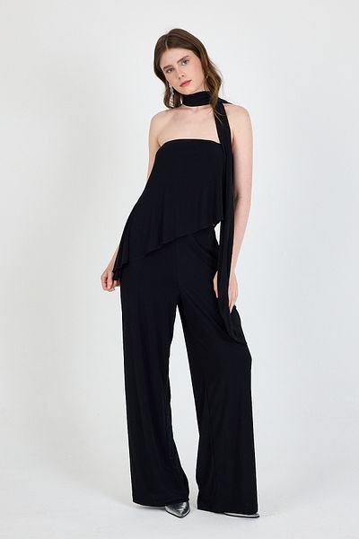 Rays Black Scarf Pants Blouse Double Set 5224