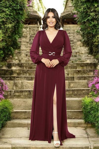 FaBe Fashion Croissant Collar Long Sleeve Waist Buckle Slit Chiffon NIKAH AND OUTShoot Evening Dress