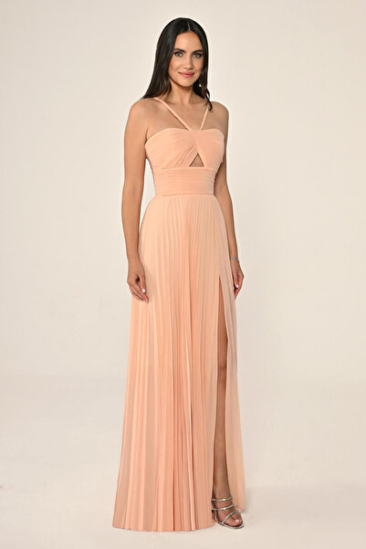 ALFABETA Mesh Strap Pleated Chiffon Long Evening Dress Alfa Beta