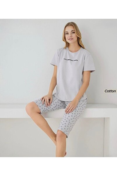 İpek Women's Short Sleeve Capri 100% Cotton Pajama Set