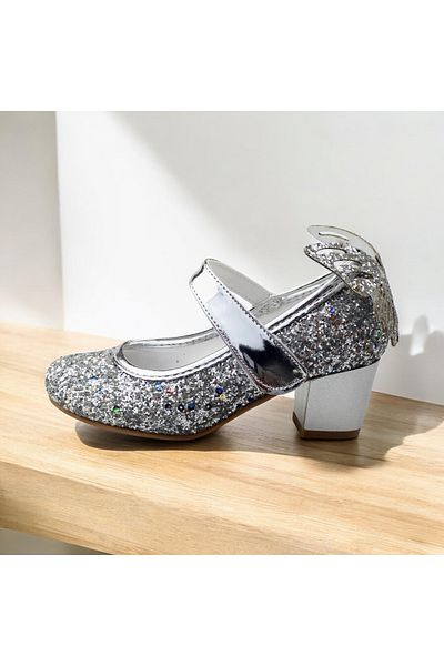 JOJO KIDS Girl's Butterfly Thick Heeled Shoes, Velcro Evening Dress Shoes, Velcro Butterfly