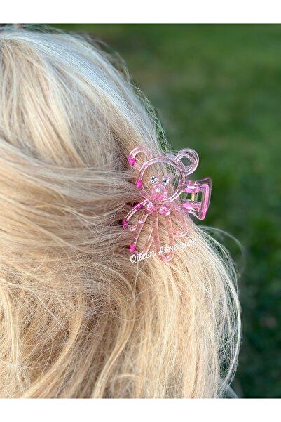QUEEN AKSESUAR Drăguț ursuleț de pluș cu ochi de piatră de cristal transparent, agrafă pentru păr, agrafă pentru urs, roz