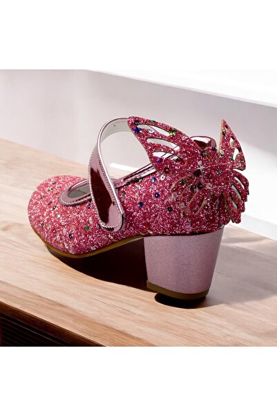 JOJO KIDS Kız Çocuk Kelebekli Kalın Topuklu Ayakkabı , Cırtlı Abiye Ayakkabı , Cırtlı Kelebek