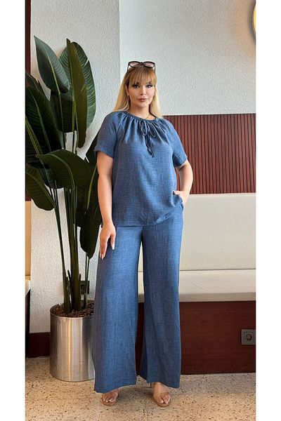 Butik Nilyam Women's Plus Size Sofia Linen Rubber Neckline Blouse Waist Elastic Pocket Loose Bottom Tracksuit Set 24782