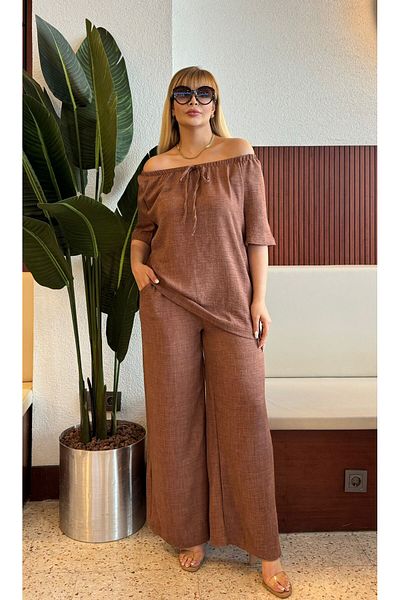 Butik Nilyam Women's Plus Size Sofia Linen Rubber Neckline Blouse Waist Elastic Pocket Loose Bottom Tracksuit Set 24782