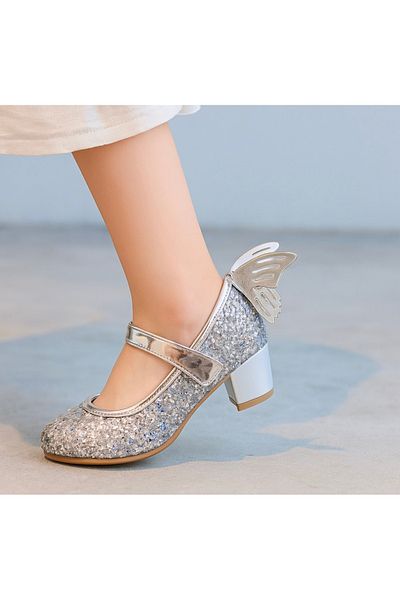 JOJO KIDS Girl's Butterfly Thick Heeled Shoes, Velcro Evening Dress Shoes, Velcro Butterfly