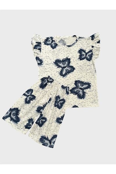 ALİŞ KİDS Set de pijamale de vară pentru fete, bumbac, alb, bleumarin, cu model de fluture, pantaloni scurți cu mâneci scurte