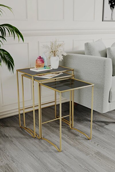 Catchme Retro 3 lü Zigon Füme Camlı Gold Sehpa, Metal Sehpa, Salon, Yatak Oda...