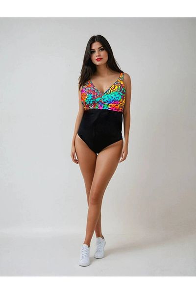hazelin Women's Black Multicolor V-Neck Swimmer Swimsuit