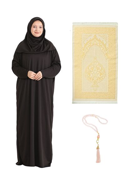 Modish Group Prayer Dress Scarf Prayer Rug Prayer Beads Set, Islamic Clothing Set Ferace Turban Shawl - Brown
