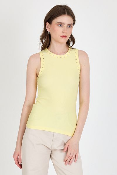 Rays Yellow Collar and Shoulder Stone Detailed Ribbed Knitted Undershirt 1249