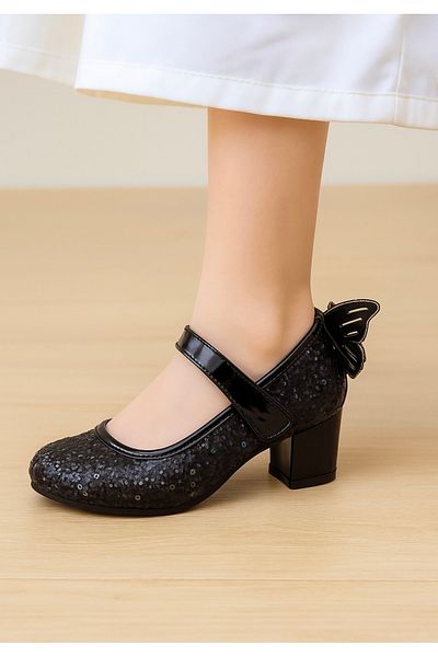 JOJO KIDS Pantofi cu toc gros fluture pentru fete, pantofi rochii cu velcro, fluture cu velcro