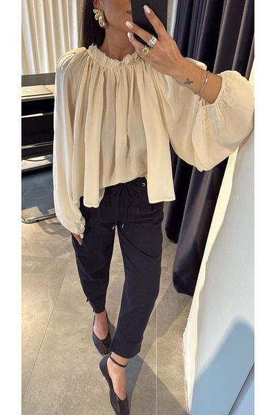 My Blog Ecru Gathered Collar Bat Sleeve Blouse - 4959