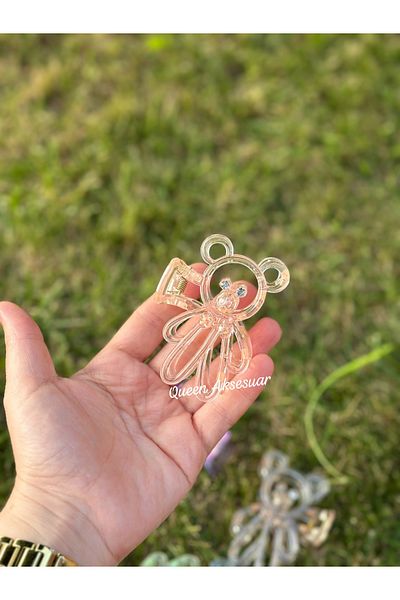 QUEEN AKSESUAR Cute Transparent Bone Crystal Stone Teddy Bear Clothespin Buckle Bear Clip Powder Beige Color