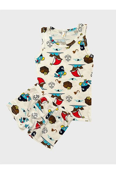 elmas kids Boy's Cotton White Sail Patterned Tank Top Boxer Set