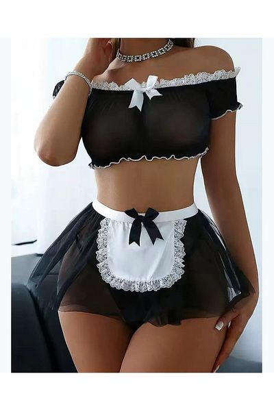 İntive Lingerie Intive Μαύρο και άσπρο διαφανές μπουστάκι με φούστα Fantasy κοστούμι στρινγκ
