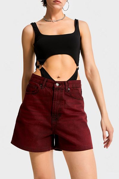 its basic Women's Burgundy Color 20S5-35 Midi Length Mom Fit 100% Cotton Denim Shorts