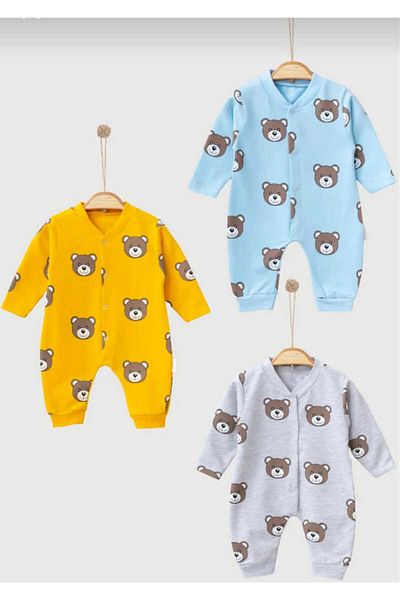 Nayinom Cute Teddy Bear Printed Set of 3 Baby Rompers