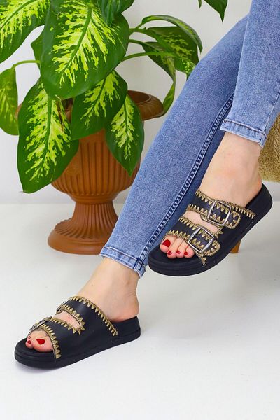 OBAY LİFE Black Women's 2 Belted Straw Daily Slippers Nbr2034