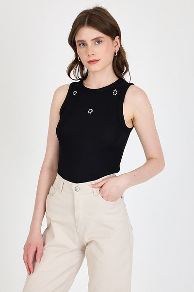 Rays Black Pearl Stone Detailed Halter Neck Ribbed Undershirt 0649